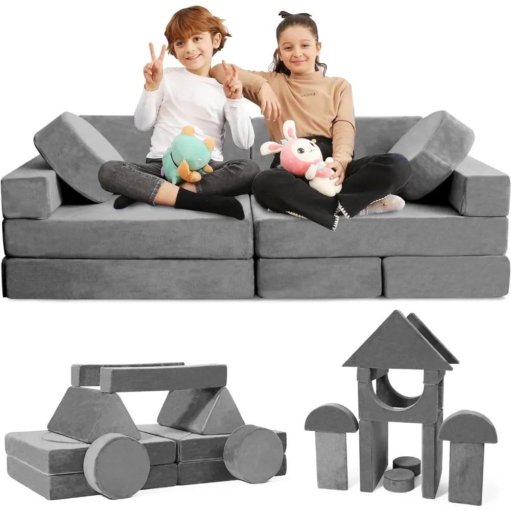 

14 PC Modular Kids Play Couch Set – Convertible Kids Sofa Couch With Soft Foam Sofa Cushions | Play Room Furniture Grey Mini