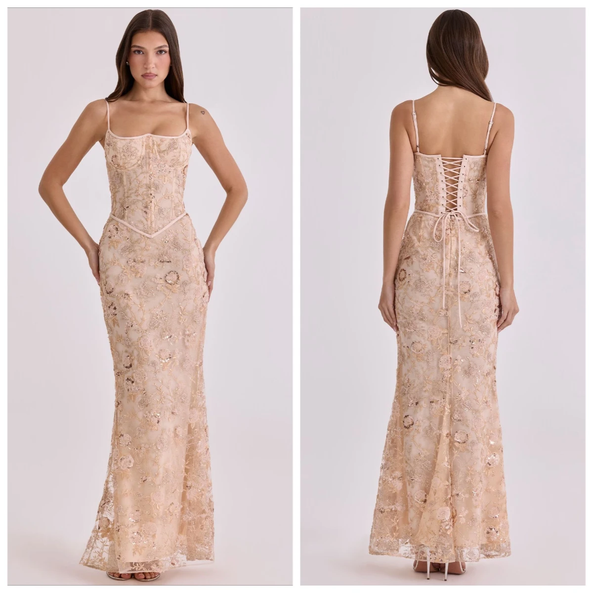 Retro Flora Pailletten Maxi Sling Jurk Dames Sexy Mouwloos Vetersluiting Vierkante Hals Bodycon Visstaartjurken 2026 Dames Feestjurken