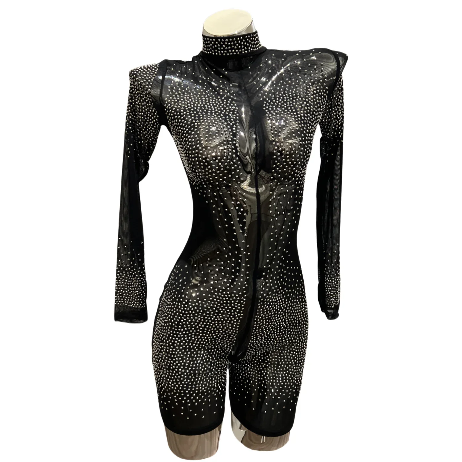 Sparkle Rhinestones Party Perspective Jumpsuit Sexy Black Long Sleeve Bodysuits Party Prom Club Outfit Fashion Photo Shoot Wear