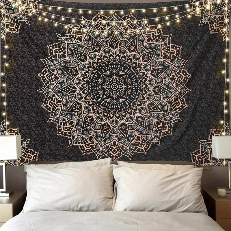 VIKAMA Black and Rose Gold Mandala Tapestry, Boho Floral Print Wall Hanging for Bedroom, Dorm, Living Room & Hippie Home Decor