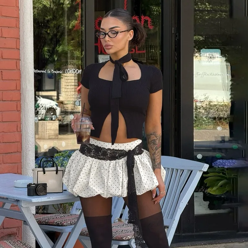 레이스 리본 물방울 무늬 미니 버블 스커트 여성 패션 하이웨이스트 퍼프 숏 버드 스커트 캐주얼 스트릿웨어 파티 클럽웨어