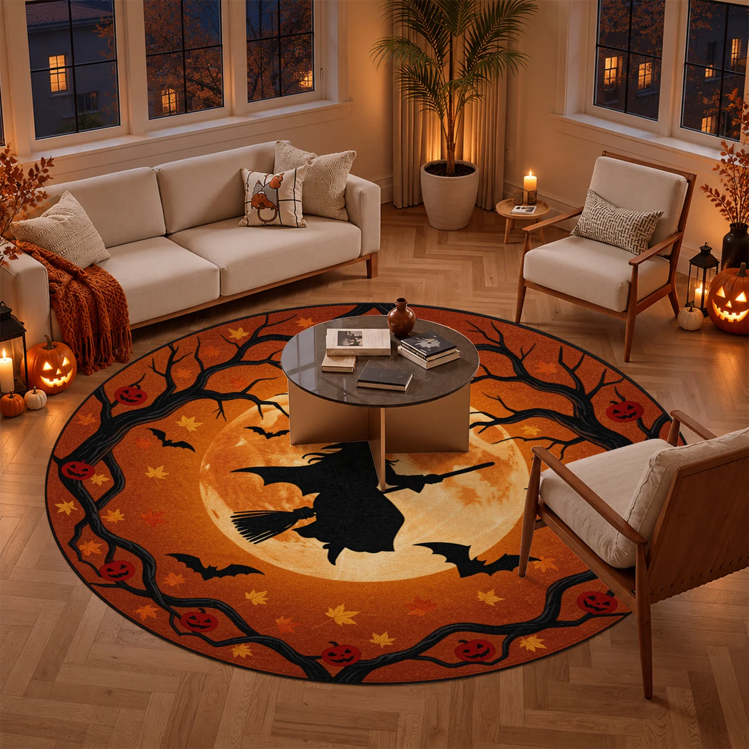 Halloween Witch Moon Bat Pumpkin Pattern Round Velvet Area Rug, Machine Washable Soft Floor Mat, Stable Placement for Living Room, Bedroom, Entryway, Dining Room, Perfect for Halloween, Thanksgiving, Christmas, New Year, Black Friday Home Decor