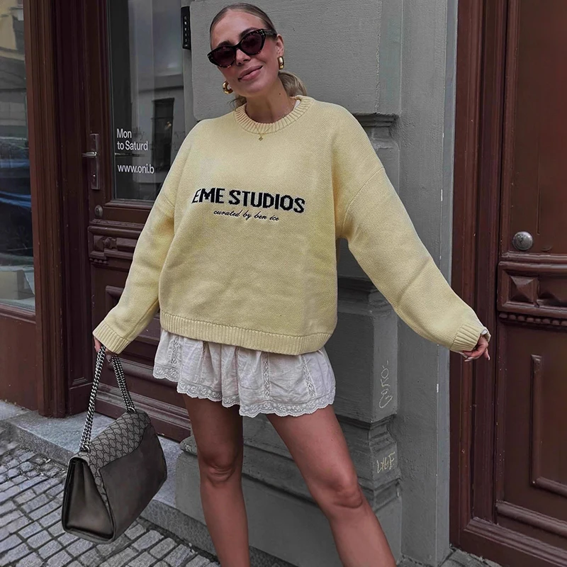 

Tornova Autumn Fashion Letter Jacquard Sweater Women's Loose Knitted Pullovers Long Sleeve O neck Knitwear Sweater Lady 2025 New