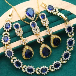 Exquisite Gold Color Jewelry Sets for Women Wedding Blue Zircon Bracelet Long Earrings Necklace Pendant Ring Holiday Gift