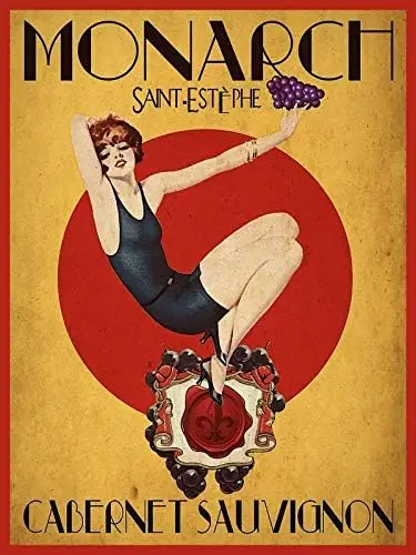 Letrero metálico OMSigns Monarch Cabernet Sauvignon, estilo vintage francés, diseño pin-up, uvas, aluminio