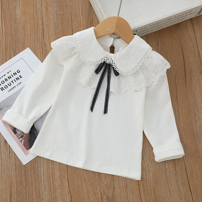 

100% Cotton Girl's Autumn Long Sleeve Collared Shirt with Lace Trim Tween Girls Base Layer Top
