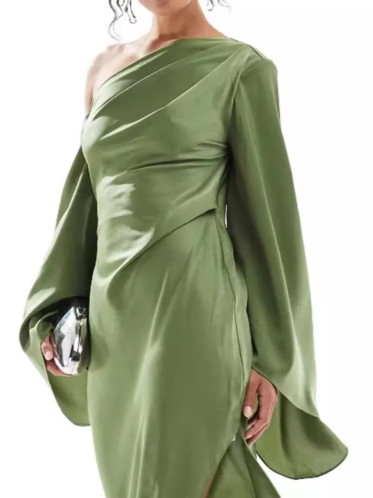 

Elegant Green Dress Women's In Spring And Autumn Fashion One Shoulder Long Sleeved Slit A-line Dress Lady Sexy Party Long Dress