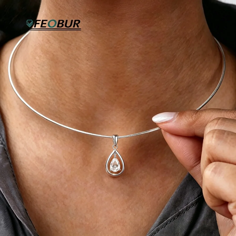 

1CT Waterdrop Moissanite Pendants Necklace 925 Sterling Silver Chain Pear Cut Solitaire Diamond Choker Women Fine Jewelry Gifts