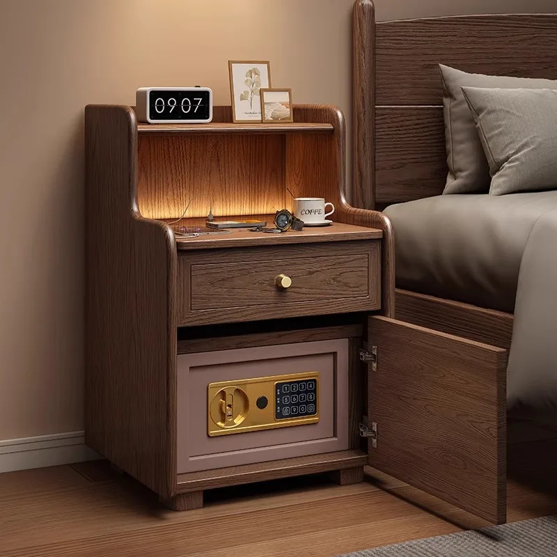 Solid wood smart bedside table Safe integrated cabinet 2024 Bedroom with lamp Household fingerprint password lock Bedside cabine