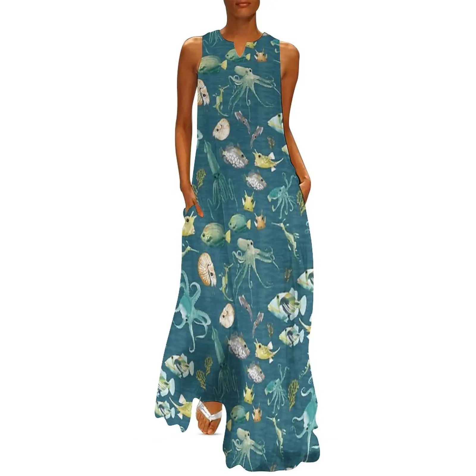 

Ocean Creatures-waves on teal Long Dress luxury dresses Dress for girls Dress for pregnant women women
