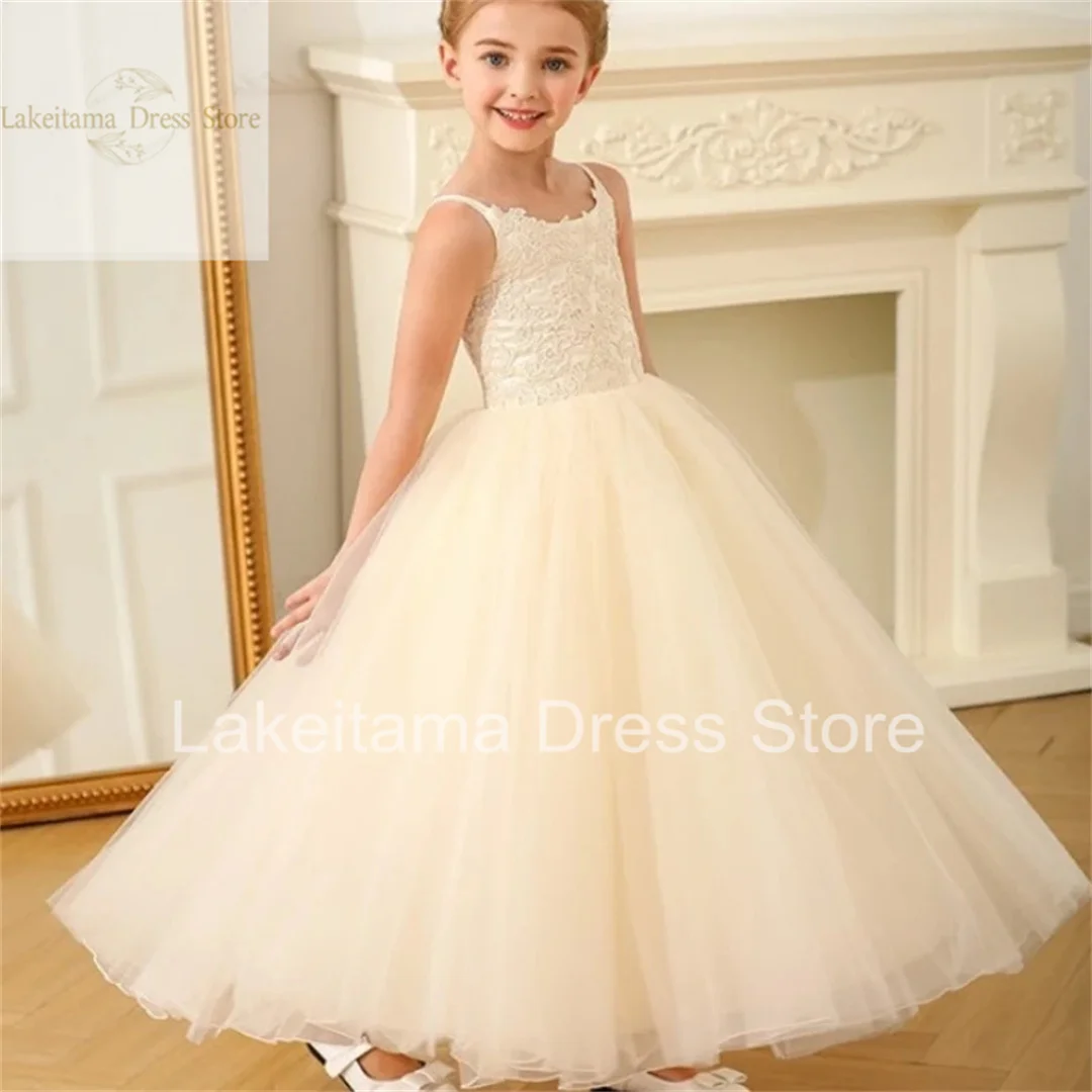 

Champagne Flower Girl Dresses Tulle Puffy Appliques Sleeveless For Wedding Birthday Party First Communion Gowns