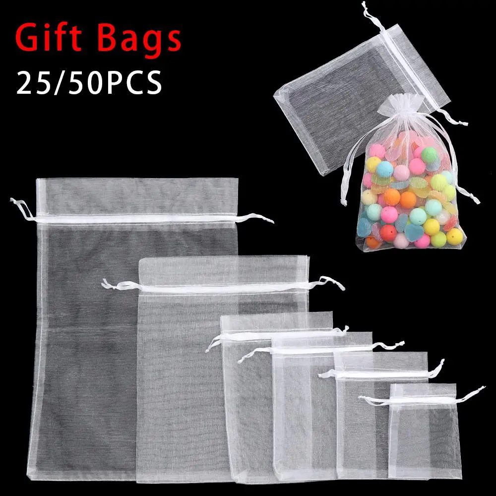 25/50PCS Drawable Party Supply Christmas Favor Jewelry Packing White Pouches Drawstring Pocket Organza Gauze Sachet Gift Bags