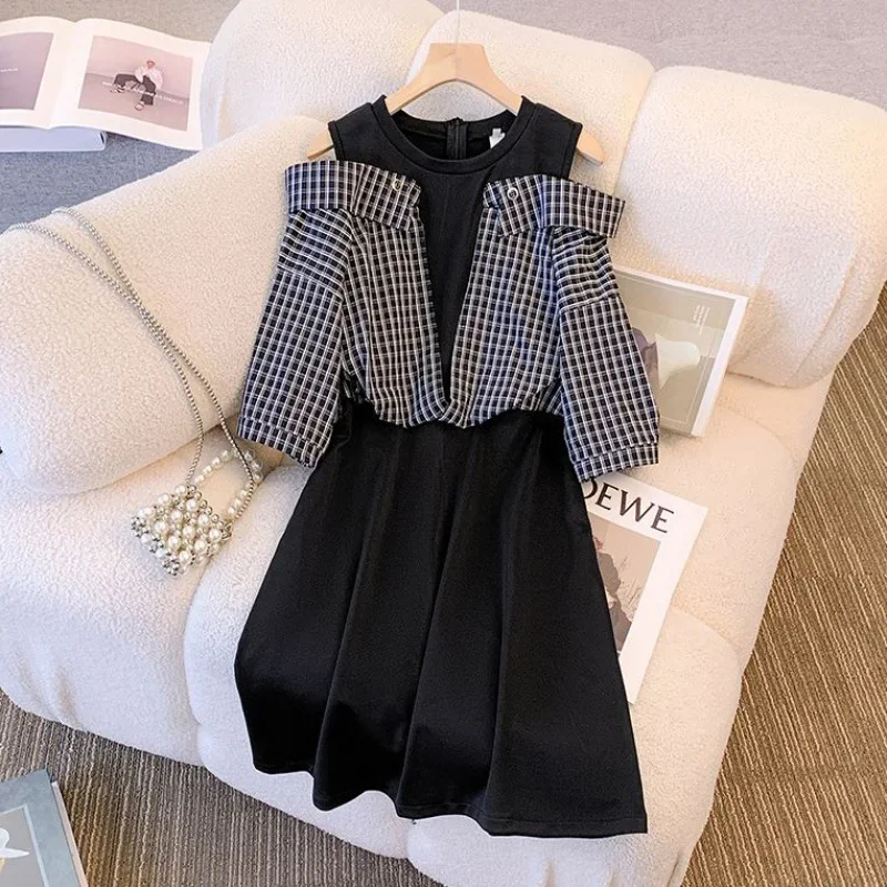 

Black stitching fake two-piece dress 2024 summer design sense fashion temperament elegant casual plus size slim long skirt