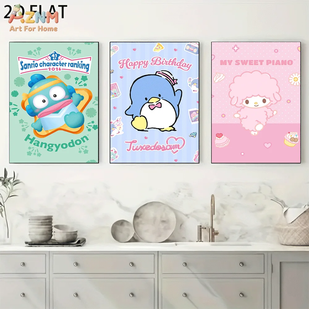 AZNM Hangyodon Tuxedosam My Sweet Piano Frameless Canvas Wall Art, Birthday Cute Cartoon Poster, Pastel Kawaii Aesthetic Home Be