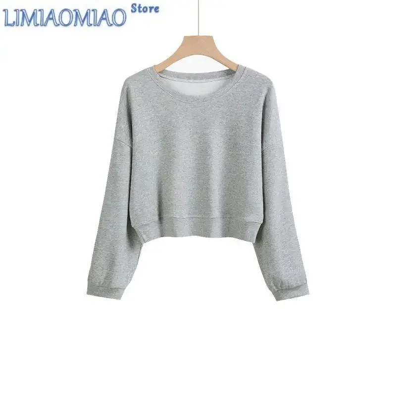 Korean Solid Color Sweatshirts New Autumn Women's Wear Fashion Temperament O-collalr Long Sleeve Loose Short All-match Top