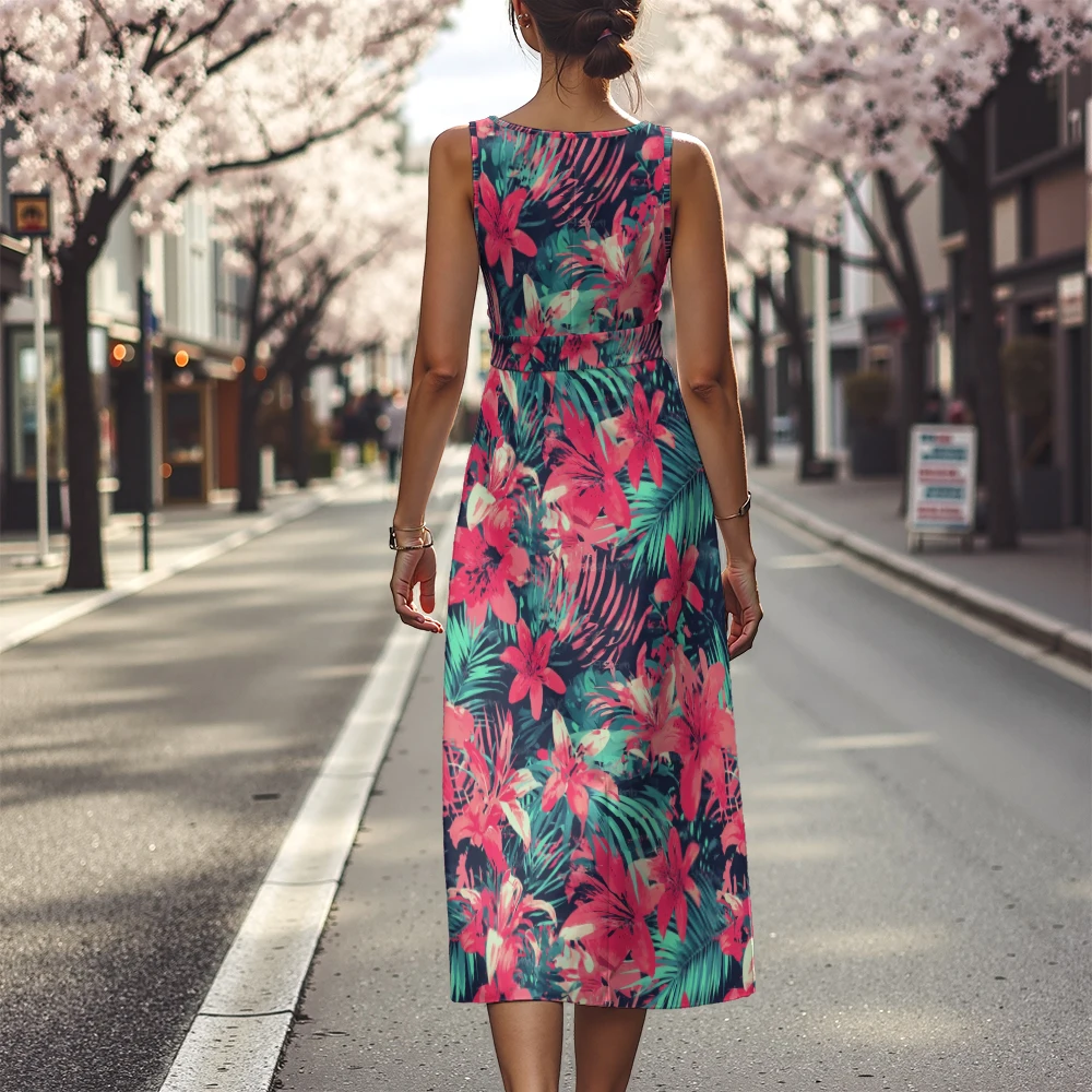 ボヘミアンシックなドレス ウエストタイ付き ノースリーブ トロピカルフローラルマキシドレス 通気性 ビーチストリートスタイル エレガントな流れるマキシドレス