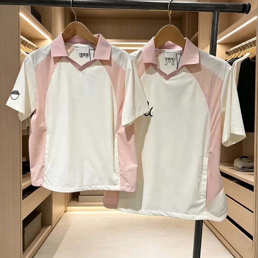 2026 Summer New Korean Golf Polo Shirt Men Women Couples Color Block Patchwork Loose Breathable Commuter Sports Short Sleeve T