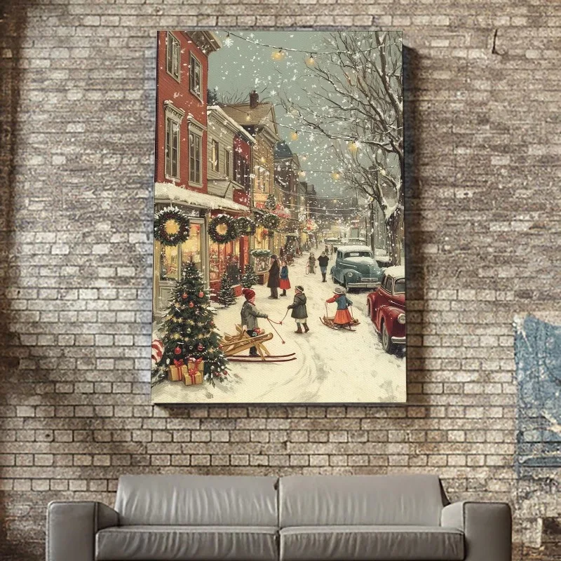 Vintage Christmas Town Scene Children Playing in Snow, Holiday Street Decor and Wreaths, Frameless Canvas for Winter Wall Art
