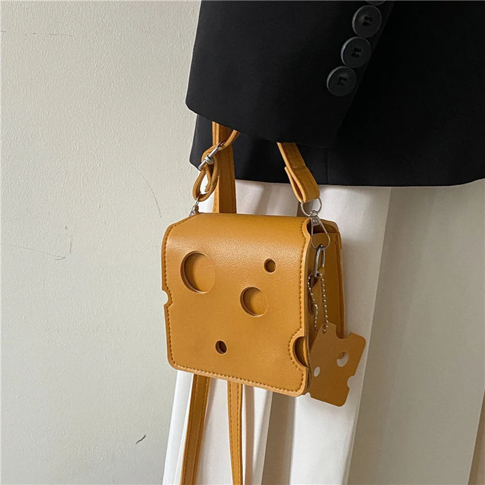 Bonito oco para fora queijo mini crossbody saco feminino estilo francês doce amarelo pu bolsa moda versátil feminino batom sacos