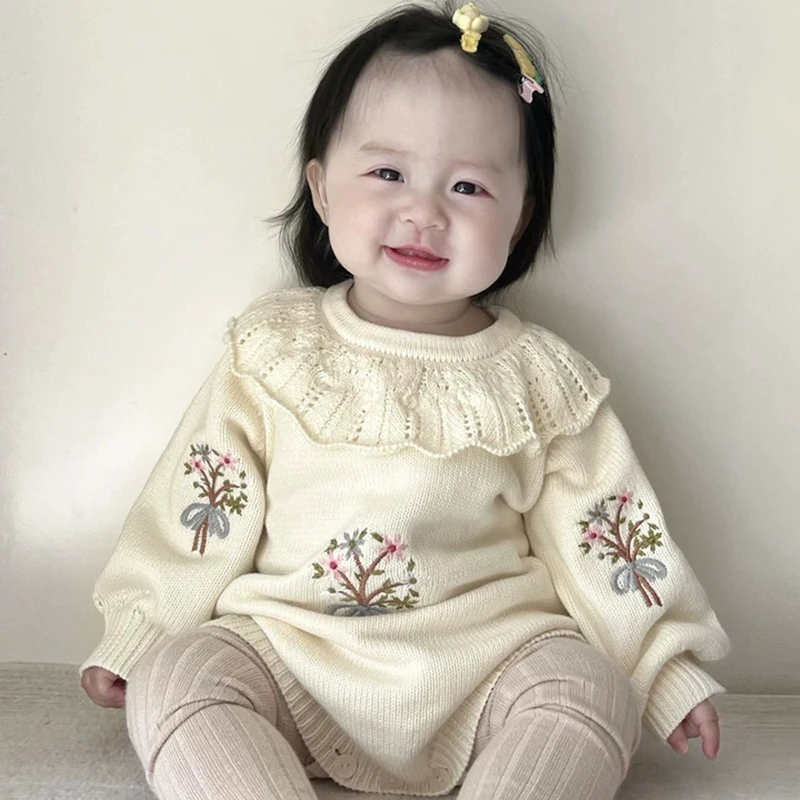 Novo bebê de malha macacão outono bordado bebê meninas macacão babados colarinho manga longa roupas recém-nascidos infantil macacões do bebê