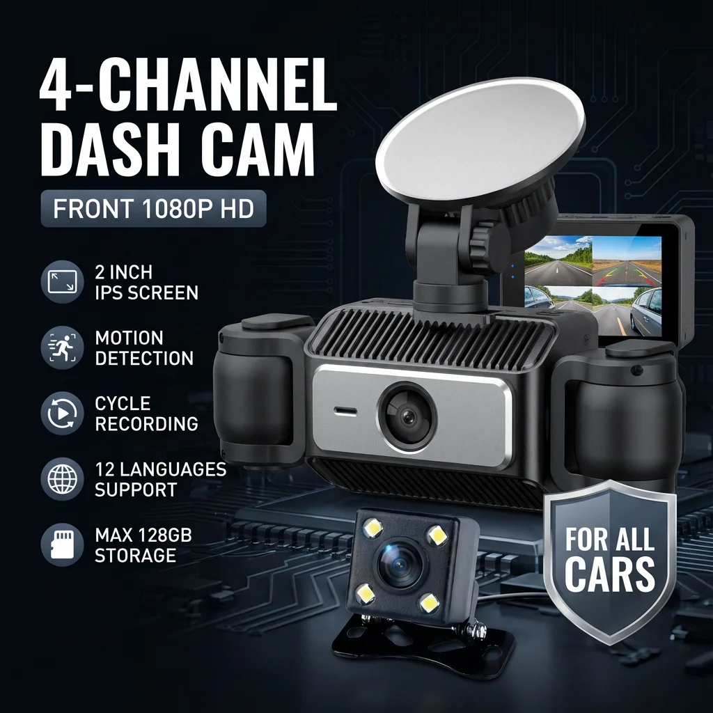 4 Channel Dash Cam Front 1080P HD Car DVR with Rear Inside Left and Right Motion Detection  Recording Night Vision Black Box