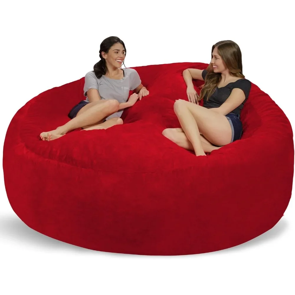 Bean Bag Chair Giant 8' Memory Foam Furniture Bean Bag - Big Sofa with Soft Micro Fiber Cover - Red Furry Bean Bag Sofas