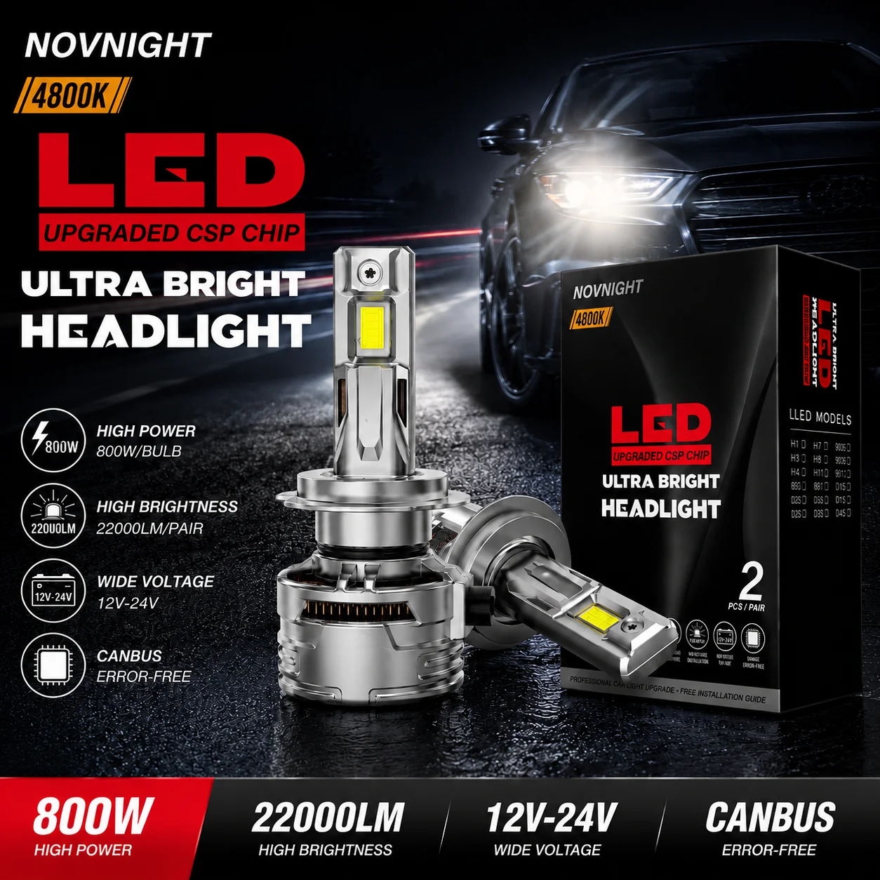 H7 D1S D2S LED Car Headlight 22000LM 4800K Bulbs 2PCS High Brightness Auto Lamp Replacement with Copper Cooling System