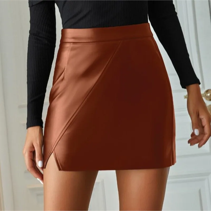 Women Mini Skirt High Tight Waist Faux Leather Irregular Solid Color Slim Fit Sheath A-line Smooth Soft Club OL Commute Casual S