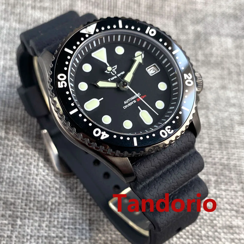 

20ATM Diving Tandorio 41mm Japan NH35A Automatic Black PVD Mens Watch Sapphire Glass Black Ceramic Rotating Bezel Date Luminous