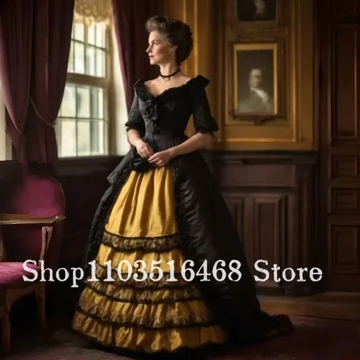 

Vintage Victorian Prom Dress 1860S Corset Gothic Black Evening Gown V-Neck Half Sleeves Masquerade Customized
