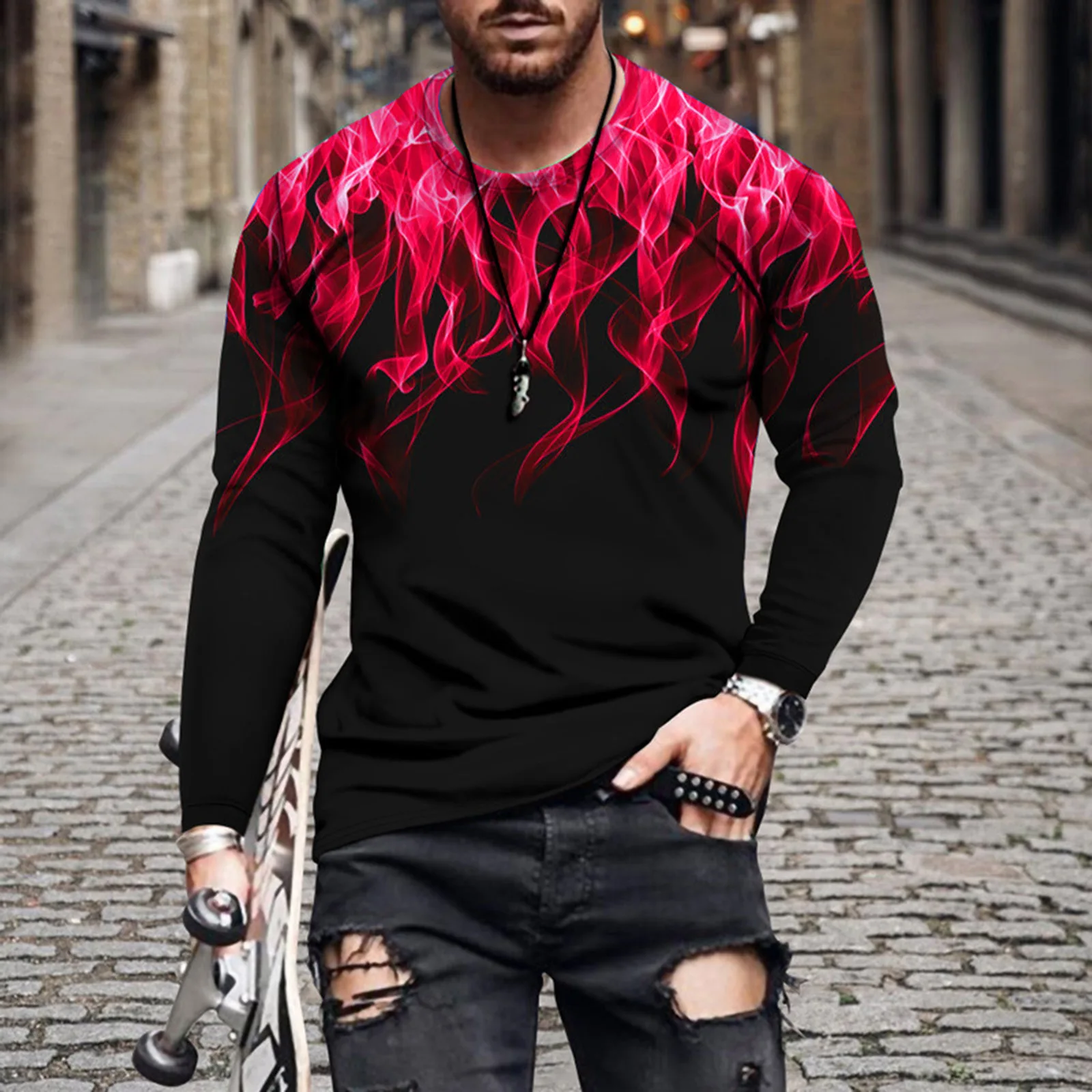 

Fashion Fire Graphic 3D Printing T Shirt For Men Autumn Cool O-neck Long Sleeve T-shirt Tops Street Hip Hop Harajuku Man Clothes
