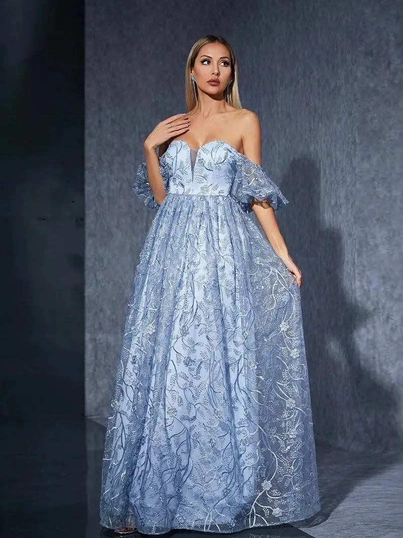 

Новинка 2025 года, вечернее платье с вышивкой через плечо, шелковая атласная ткань со средней талией для бала, уникальное свадебное платье