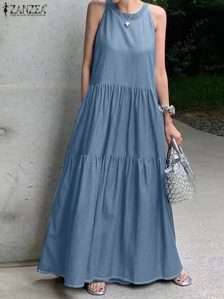 

Summer Denim Blue Holiday Dress ZANZEA Fashion Women Halter Neck Sleeveless Sundress Elegant Solid Ruffles Maxi Dresses Sarafans