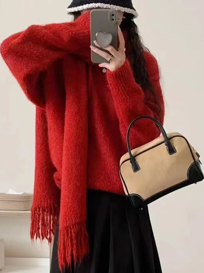 

Корейский вязаный свитер Sle Long Sve, женский свободный круглый утягивающий зимний модный свитер с шарфом, толстовка из полиэфирного волокна