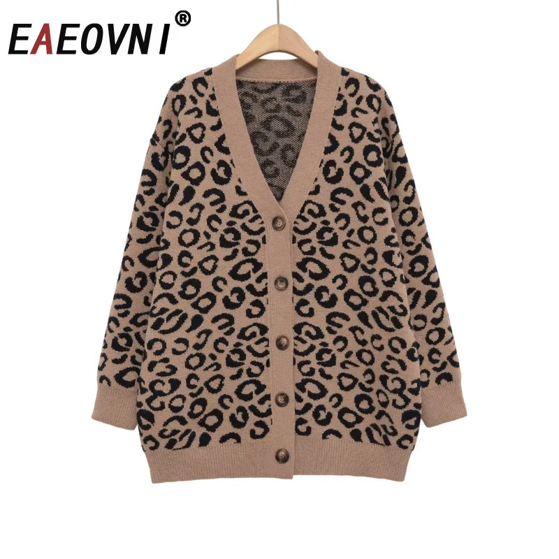 

EAEOVNI леопардовый вязаный кардиган, женский модный свободный винтажный свитер с v-образным вырезом и длинными рукавами на пуговицах, пальто 2026, весенняя новая одежда