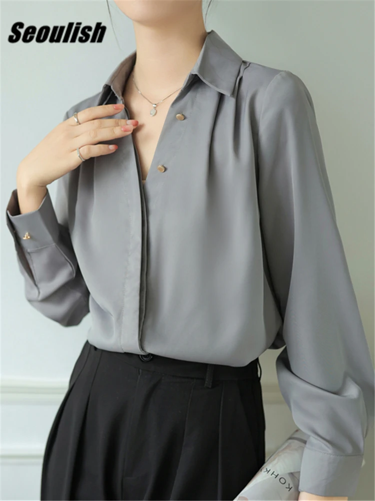 Seoulish Autumn Korean V-Neck Women's Blouse 2023 New Solid Long Sleeve Single Breasted Casual Office Shirts Tops Female