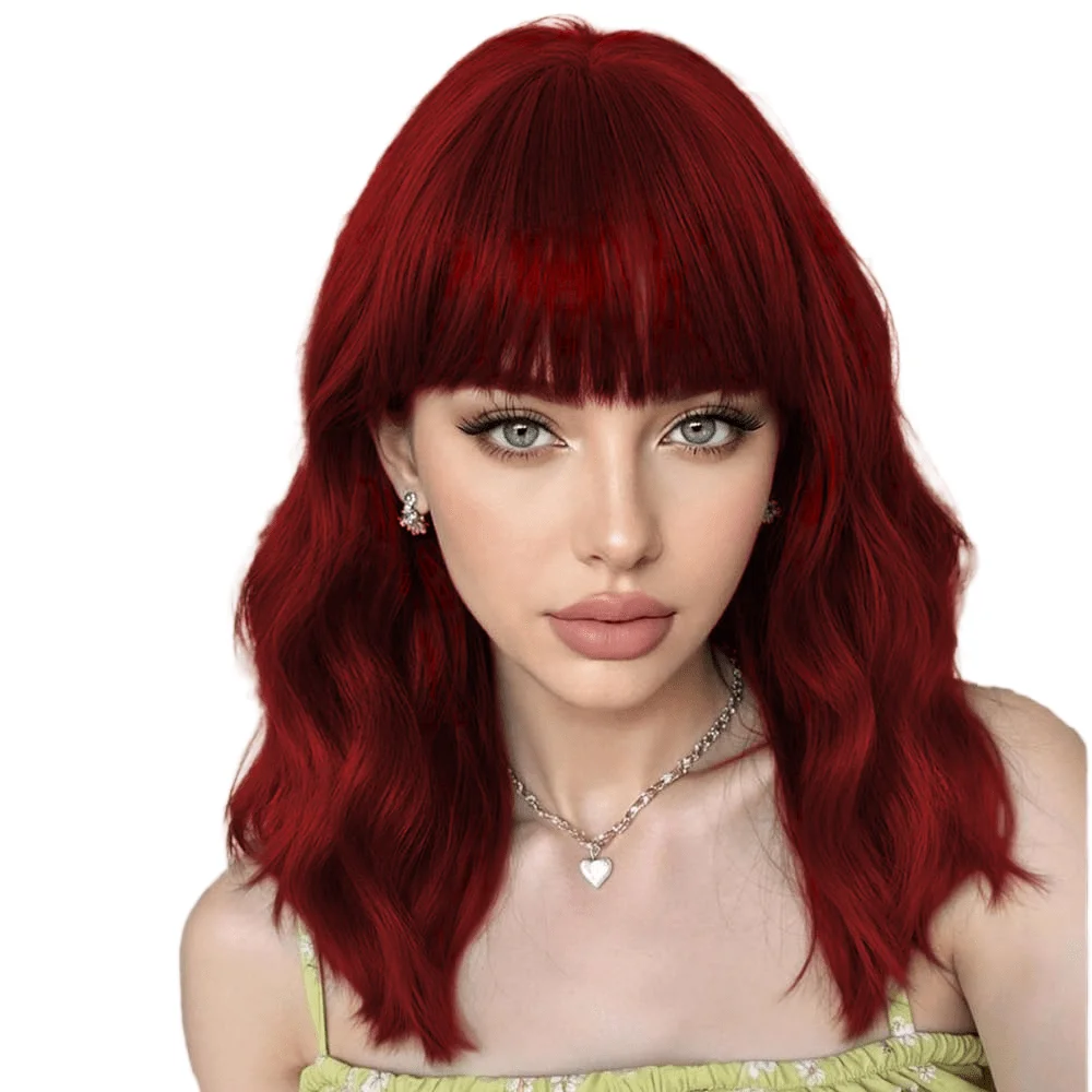 

Красный парик-боб с челкой, 14 дюймов, для женщин, естественный вид, мягкие волнистые синтетические парики для повседневной носки, вечеринок, Хэллоуина