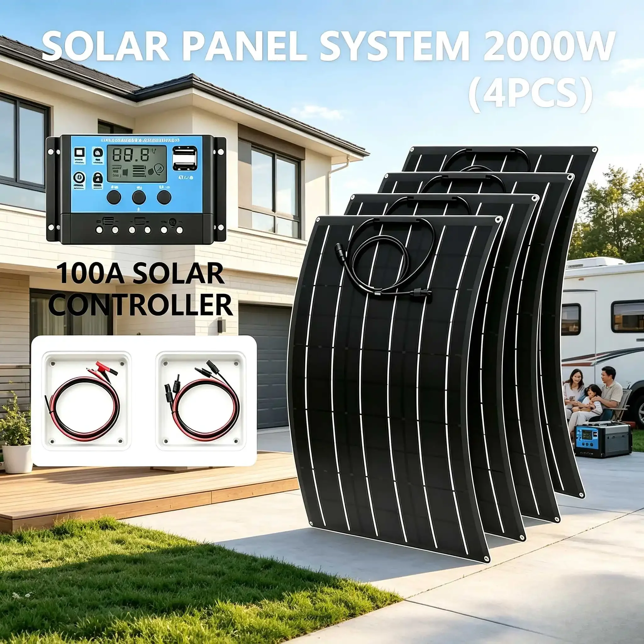 2000W Flexible Solar Panel System 4PCS Panels With 100A Controller For RV Yacht Cabin Off-Grid Power Supply