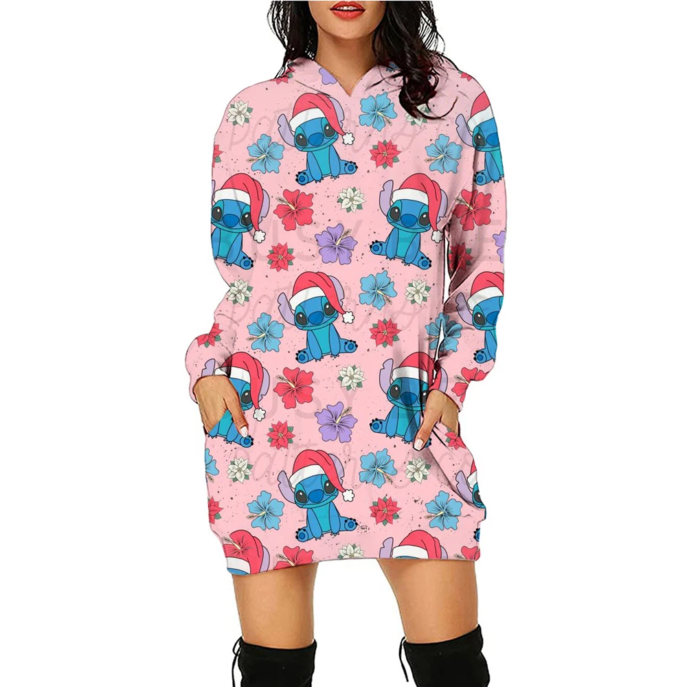 New Women\'s Disney Series Christmas Stitch Printed Pullover Sweatshirt Hooded Dress Casual Fashion Women\'s Clothing