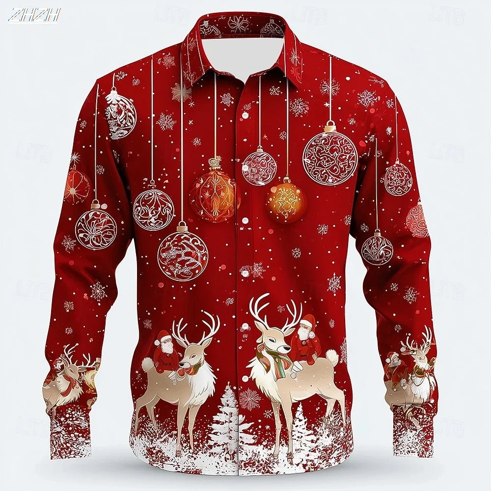 

2025 Men's Christmas Santa Claus Reindeer Shirt Snowflake 3D Printing Small Gift Design New Year Festive Red Long Sleeve Top
