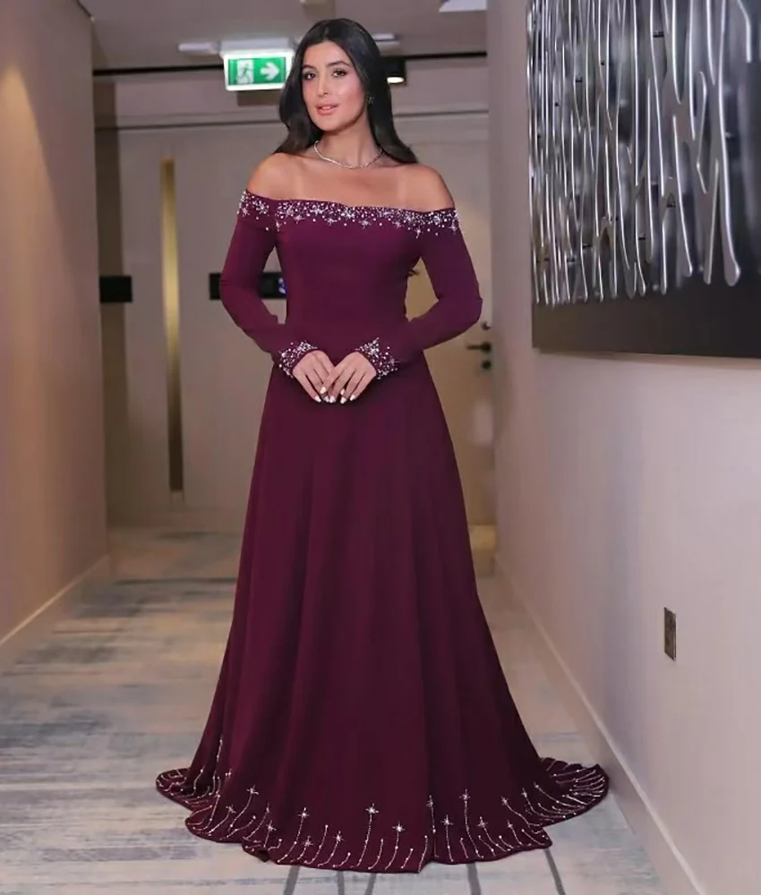 

Customized Delicate Jersey A-Line Off the Shoulder Crystal Sequined Evening Dress High Quality Long Sleeves prom dresses