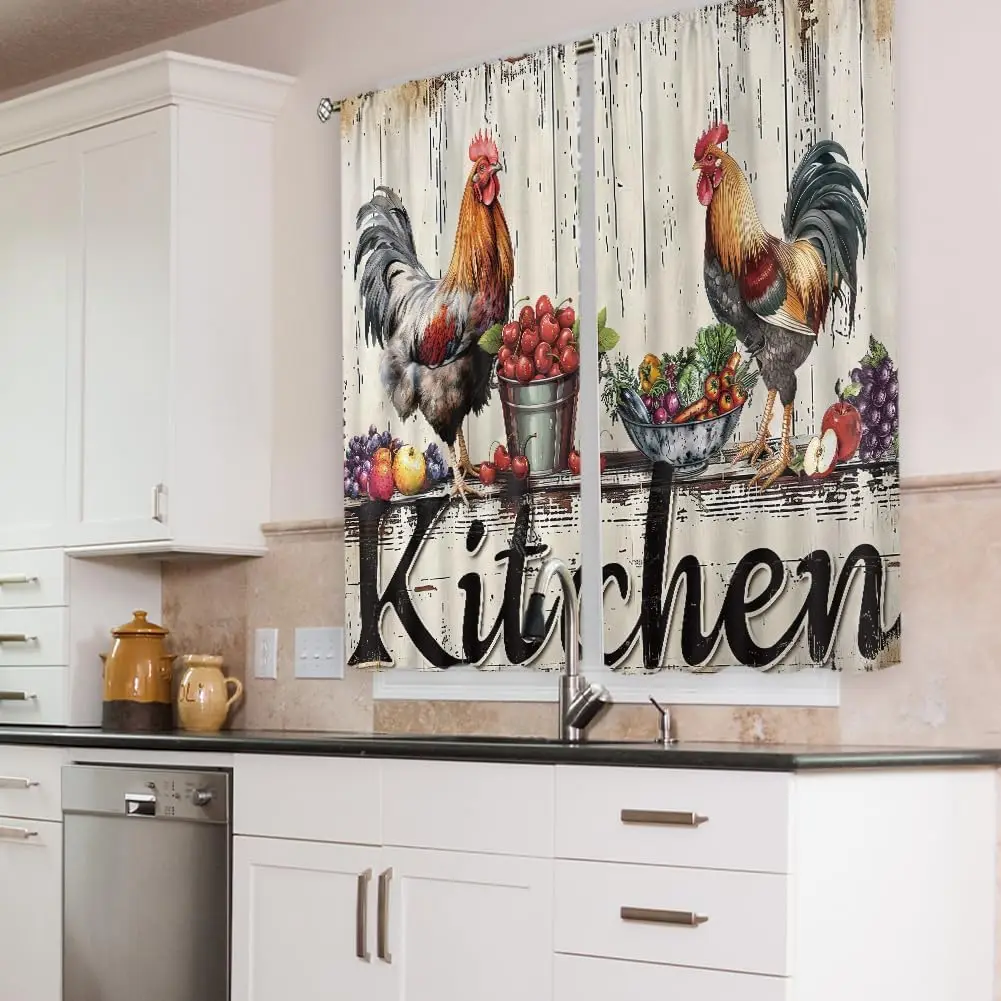 Farmhouse Chicken Kitchen Curtains, Western Country Rod Pocket Drapes, Retro Wooden Plank Art Printed Window Panels