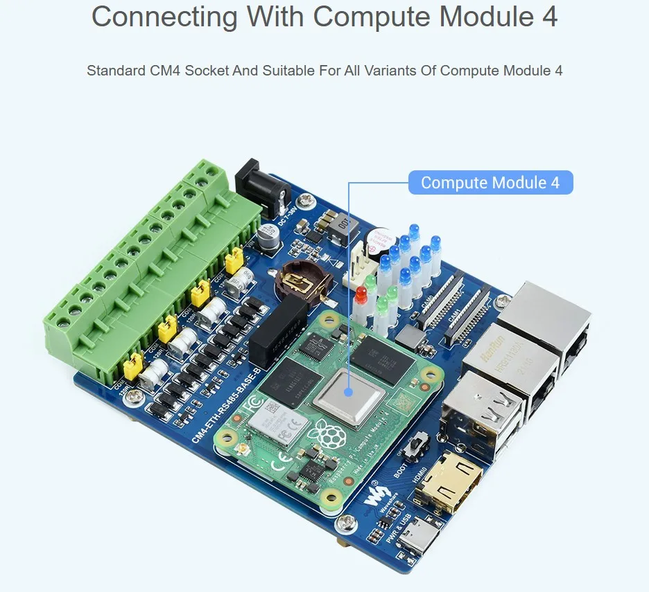 RS485 Base Board (B) for Raspberry Pi Compute Module 4, Gigabit Ethernet, 4CH Isolated RS485