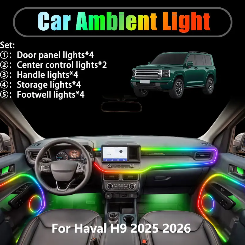

Для Haval H9 2025 2026 2/18 в 1, автомобильное окружающее освещение, светодиодные внутренние светодиодные фонари багажника, USB RGB, ансамбль, стример, автоаксессуары