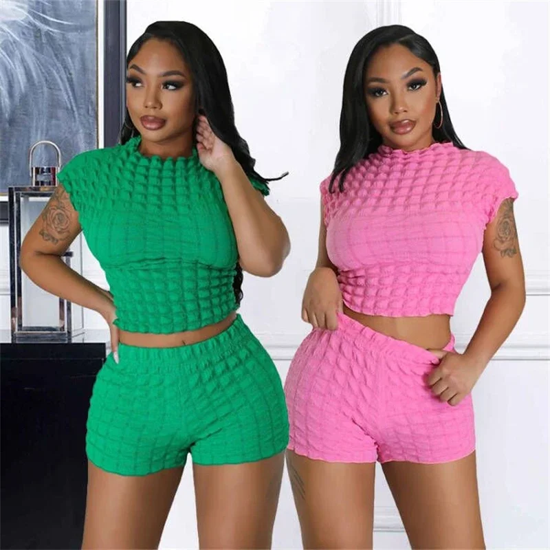 Popcorn Two Piece Set Women Summer Solid Tracksuits O Neck Short Sleeve T-shirt Crop Tops And Shorts Stretchy Slim Jogger Suits