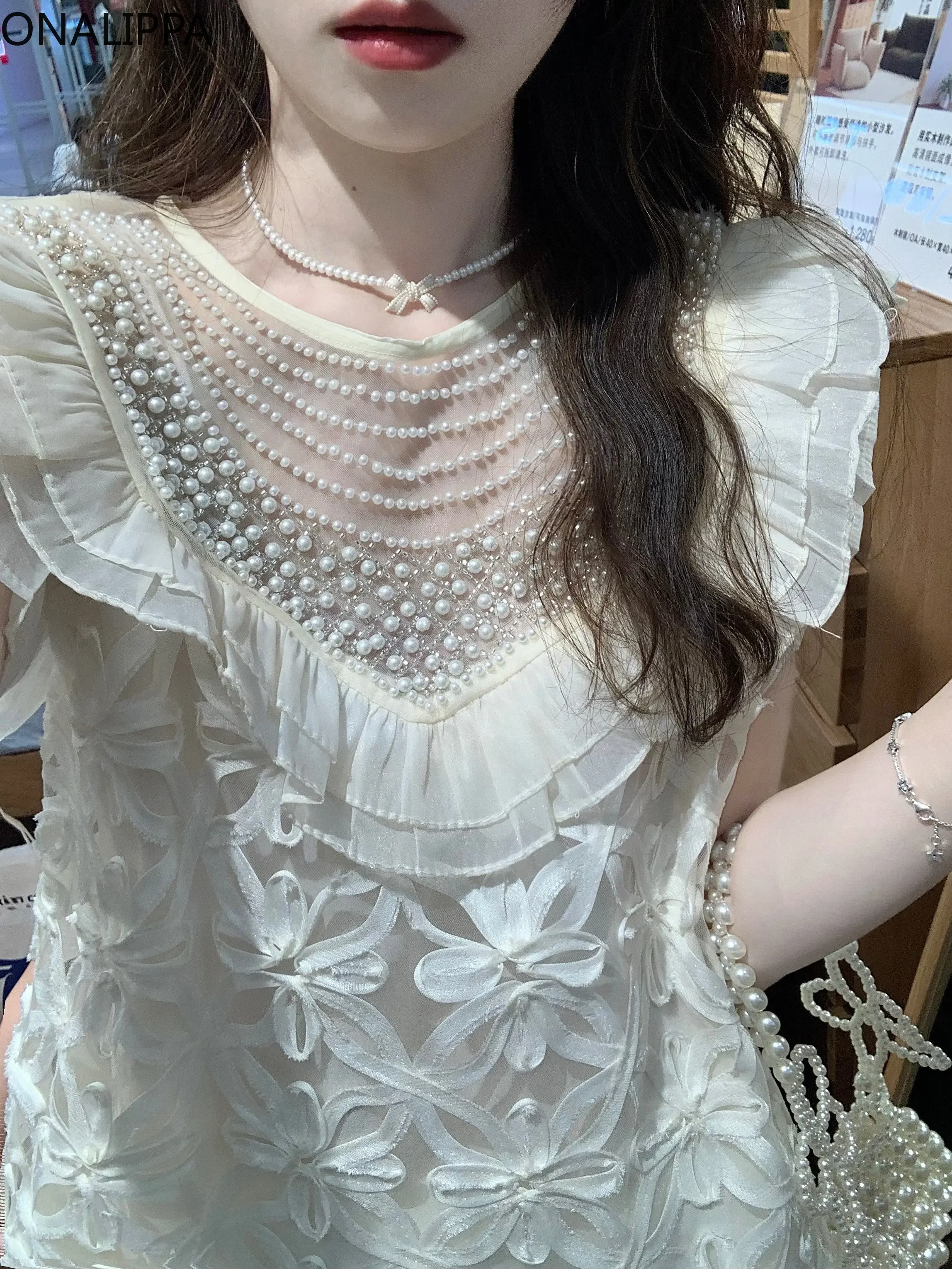 Onalippa Heavy Industry Wind Lace Jacquard Dress Ruffles Sleeveless Beaded Loose Mini Dress Korean Flying Sleeves Pullover Women