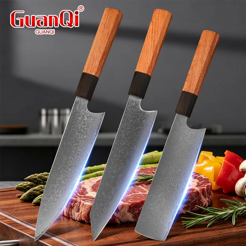 Japanese Hand Forged VG10 Damascus Steel Octagonal Handle Sharp Kitchen Chef Knives Set for Meat Fruit Fish Sashimi Cooking Tool