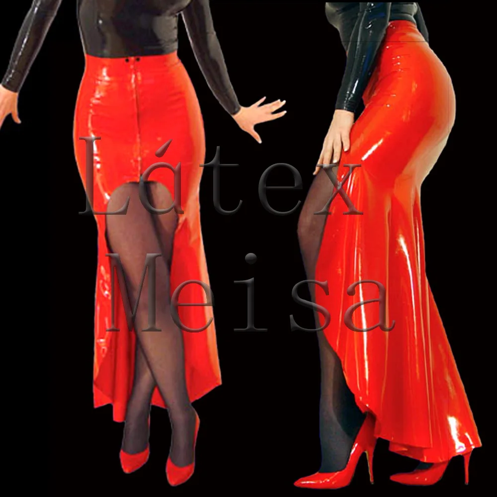 

Women's trumpet design long latex skirt with front zip in red solid black color with 0.4mm thickness natural latex materials