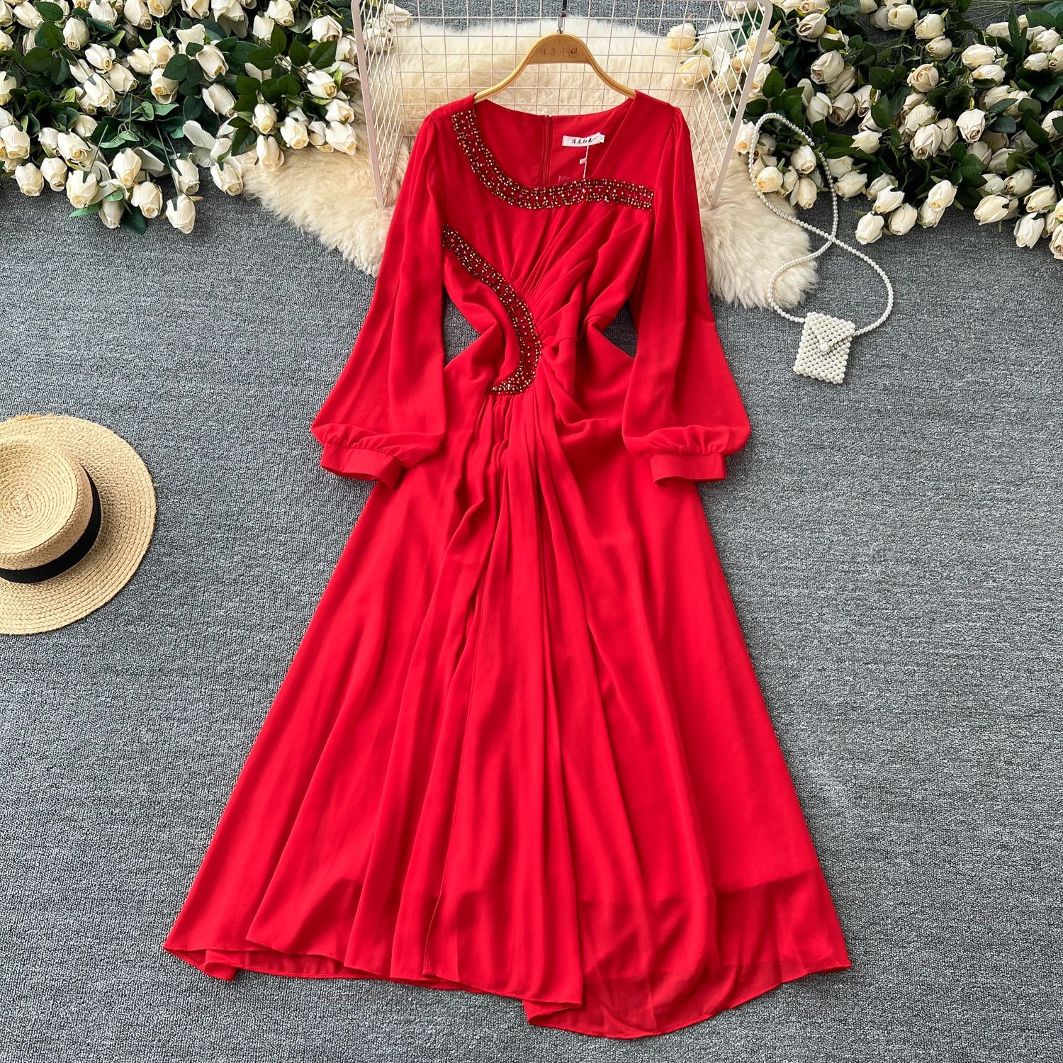 

Sexy lool sleeve rhinestone pleated Dress Chic korean fashion Vintage Evening Party Club Women Chic chiffon dresses