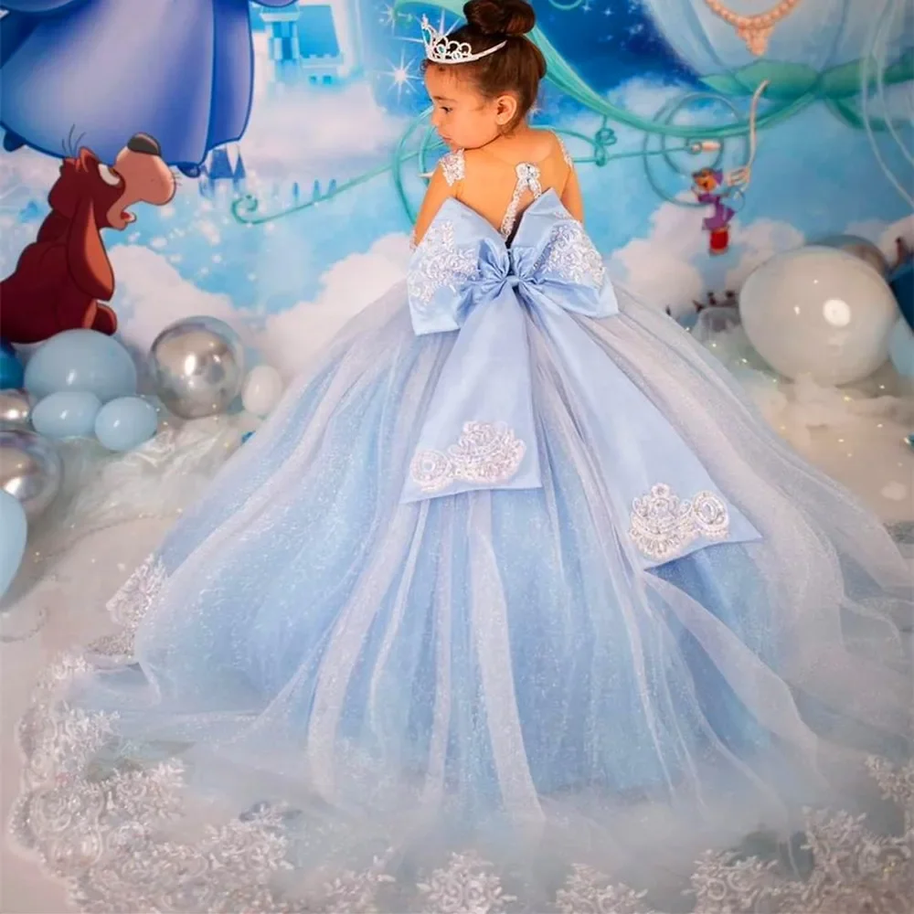 

Light Blue Flower Girl Dress Illusion Long Sleeve Maxi Dress Satin Sparkling Fluffy Tulle Ball Gown Communion Dress